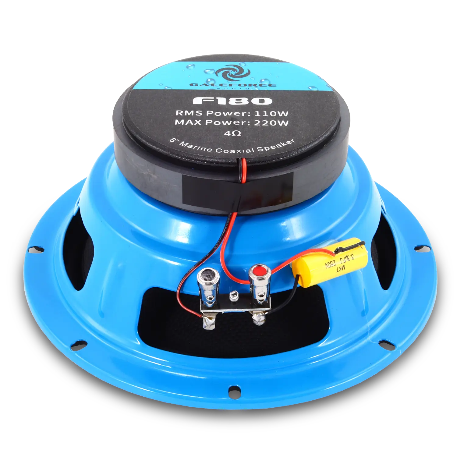 Blue eight-inch speaker rear detail product photograph