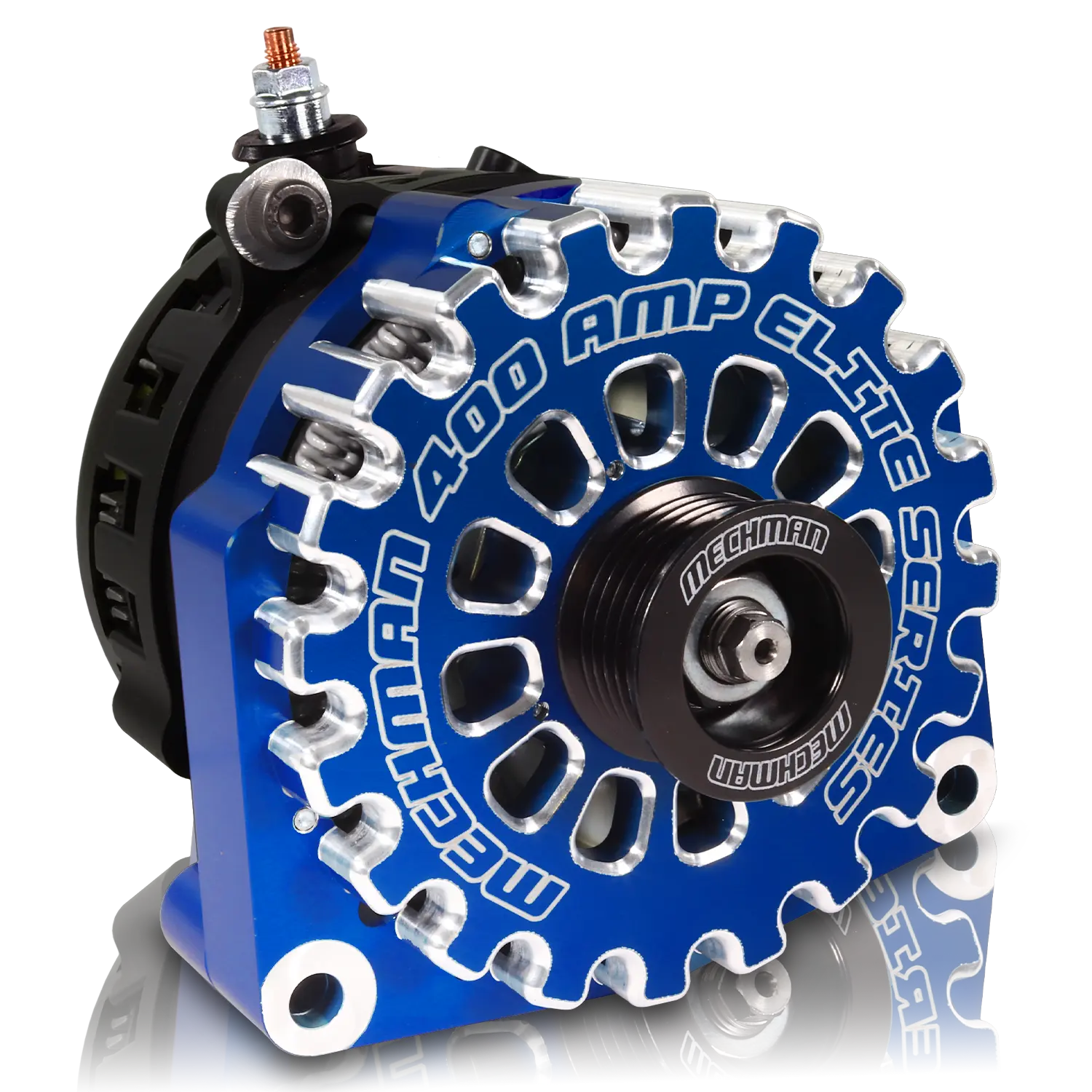 Blue Mechman 400 amp billet alternator product photograph