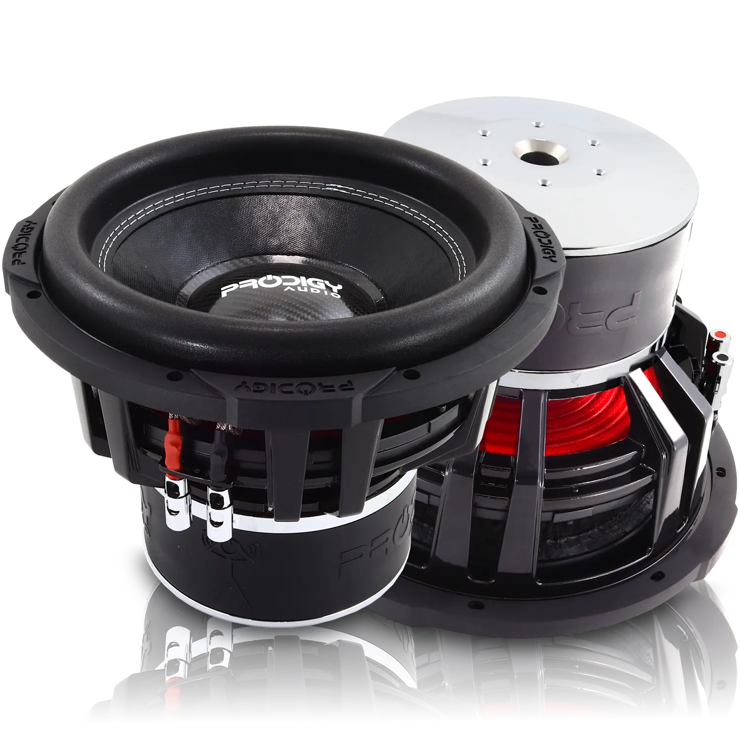 Black and silver subwoofer product composition